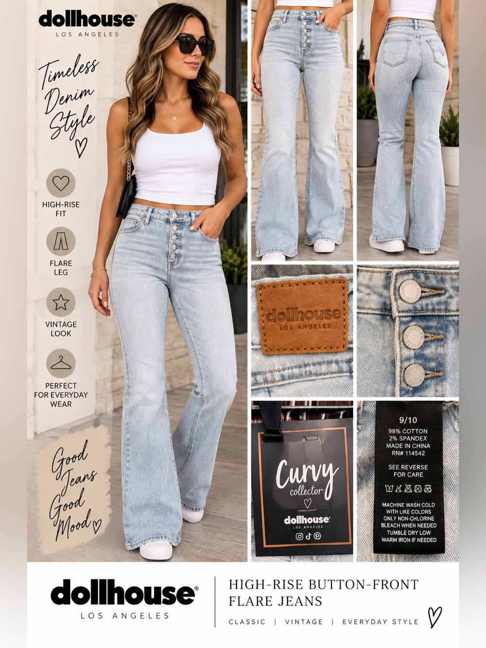 Dollhouse Light Wash High-Rise Button-Front Flare Jeans NEW 9/10